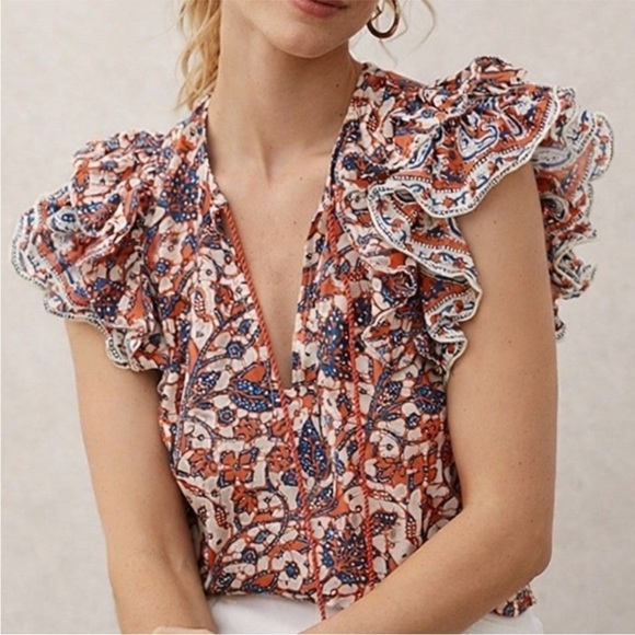 Love The Label Tops - NWT Love The Label Anthropologie Ruffle Floral Print V-Neck Top Mabel Rust